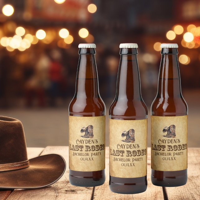 Last Rodeo Cowboy Grunge Brown Bachelor Party Beer Bottle Label (Creator Uploaded)