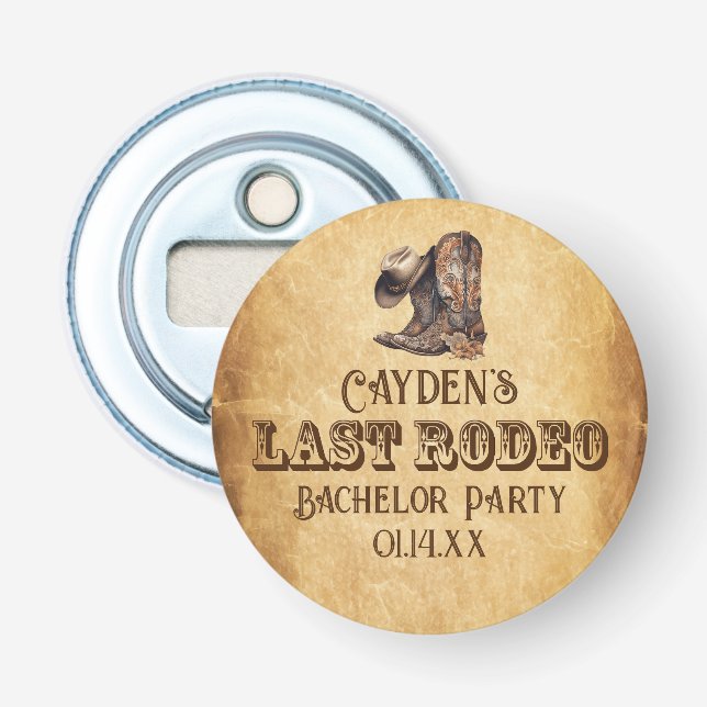 Last Rodeo Cowboy Grunge Brown Bachelor Party Bottle Opener (Front)