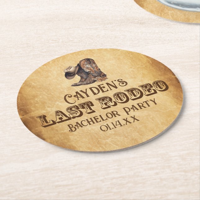 Last Rodeo Cowboy Grunge Brown Bachelor Party Round Paper Coaster (Angled)