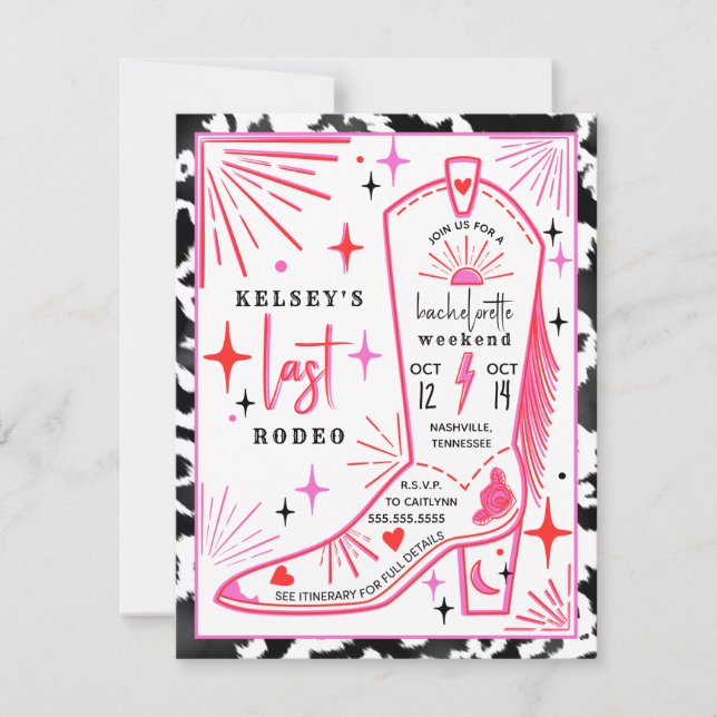 Last Rodeo Cowgirl Bachelorette Cowprint Itinerary Invitation (Front)