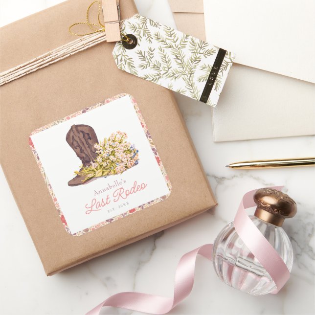 Last Rodeo Cowgirl Boot Floral Bachelorette Square Sticker (Gifting)