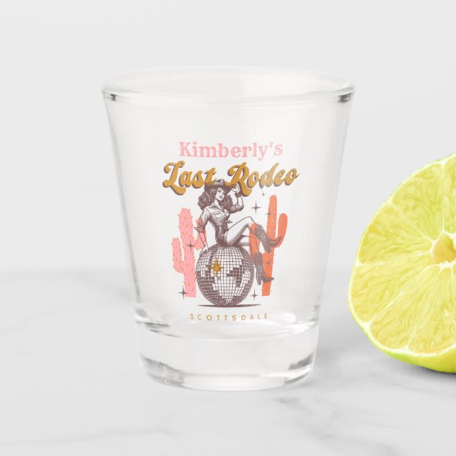 Last Rodeo Cowgirl Retro Disco Bachelorette Party Shot Glass (Front)