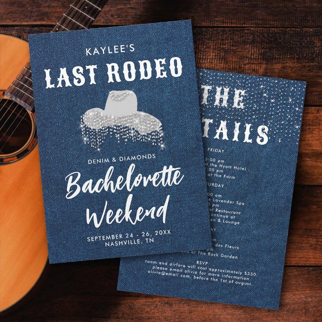 Last Rodeo Denim Diamonds Cowgirl Hat Bachelorette Invitation (rhinestone cowgirl bachelorette party invitation itinerary denim diamonds classy elegant stylish)