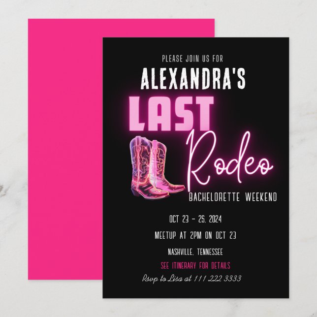 Last Rodeo Hot Pink Neon Cowboy Boots Bachelorette Invitation (Front/Back)