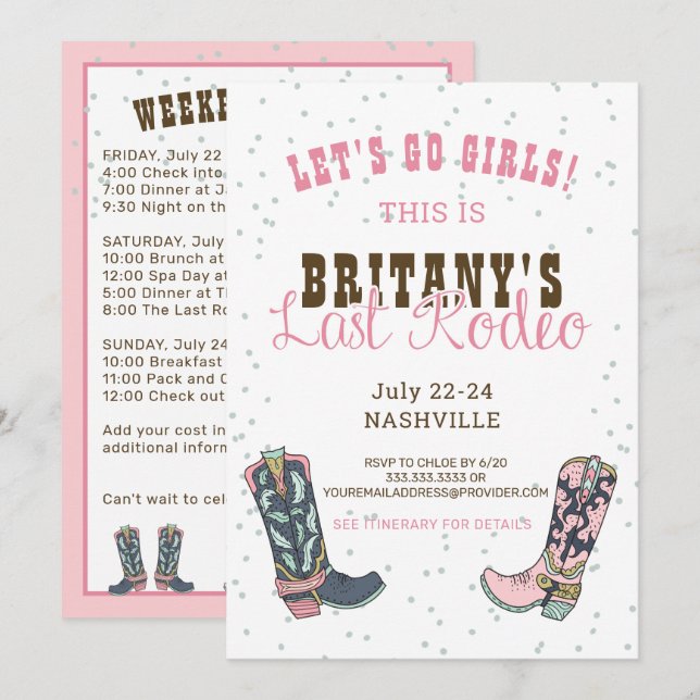 Last Rodeo Nashville Pink Cowgirl Bachelorette Invitation (Front/Back)