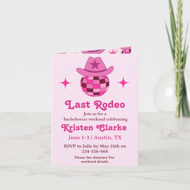 Last Rodeo Pink Disco Cowgirl Bachelorette  Invitation (Front)