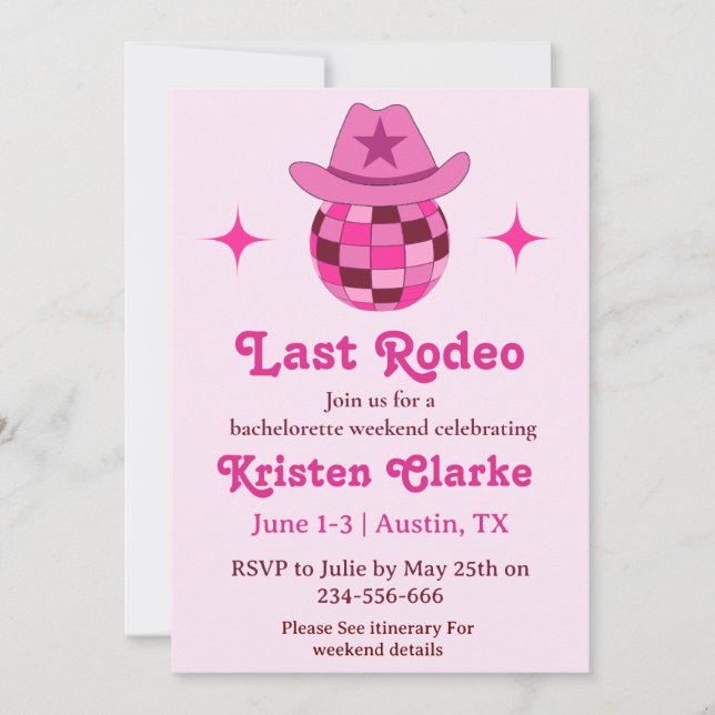 Last Rodeo Pink Disco Cowgirl Bachelorette  Invitation (Front)