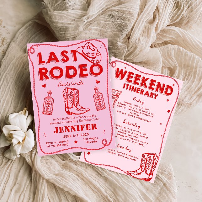 Last Rodeo Pink Red Cowgirl Bachelorette Weekend Invitation (Creator Uploaded)