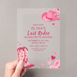 Last Rodeo Pink Western Cowgirl Bachelorette Acrylic Invitations