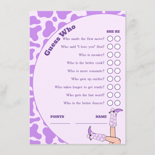 Last Rodeo Purple Cowgirl Bridal Shower Party Game Enclosure Card (Front)