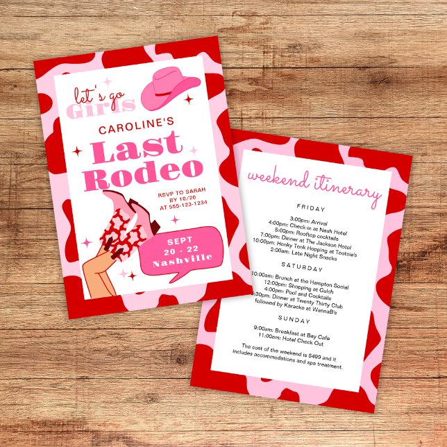 Last Rodeo Red & Pink Cowgirl Bachelorette Weekend Invitation (Creator Uploaded)