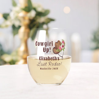Last Rodeo Rustic Pink Cowgirl Bachelorette Stemless Wine Glass