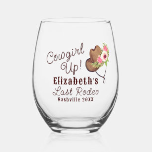 Last Rodeo Rustic Pink Cowgirl Up Bachelorette Stemless Wine Glass