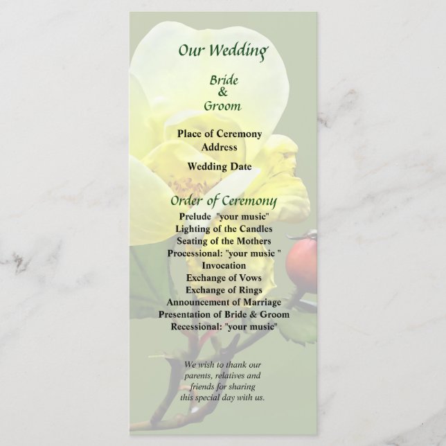 Last Rose of Summer Wedding Program Programme (Front)