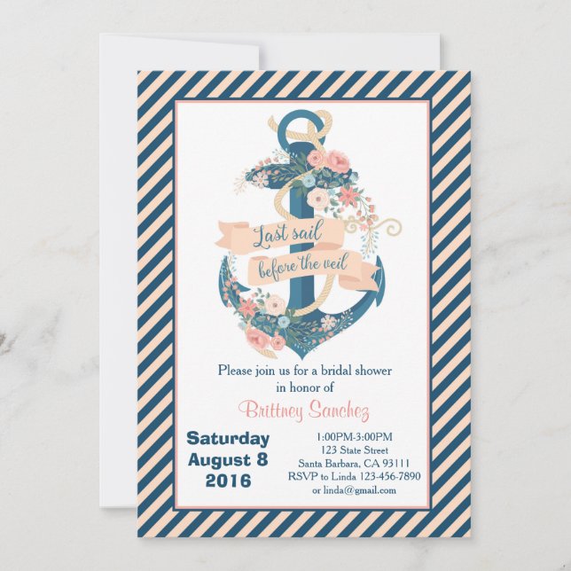 Last Sail Before The Veil, Bachelorette Party Invitation (Front)