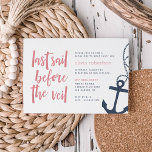 Last Sail Before the Veil Boat Bachelorette Party Invitation<br><div class="desc">Invite the bride's besties to a boat or boating themed bachelorette celebration with these cute nautical bachelorette party invitations. Modern coastal design for your boat charter or yacht party features "last sail before the veil" in pink hand sketched lettering,  with a rope and anchor illustration at the right.</div>
