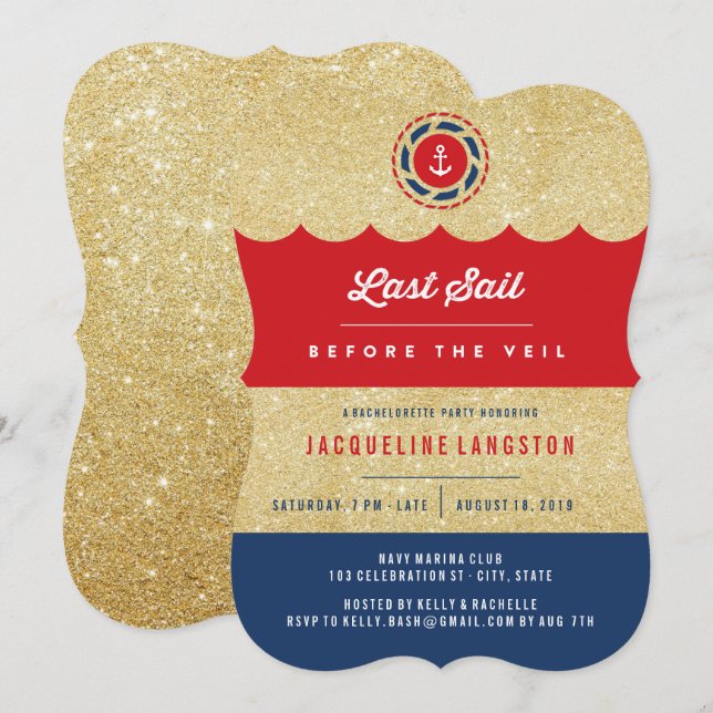 Last Sail Before The Veil Glam Bachelorette Party Invitation (Front/Back)