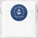Last Sail Before The Veil Nautical Wedding Classic Round Sticker<br><div class="desc">Last Sail Before The Veil Nautical Anchor Hearts Navy Blue Wedding Sticker</div>