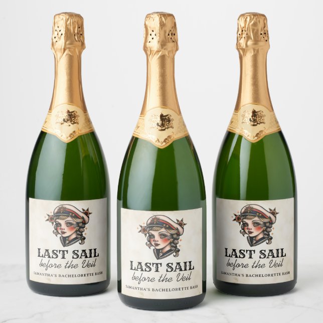 Last Sail Before the Veil Retro Bachelorette Party Sparkling Wine Label (Bottles)