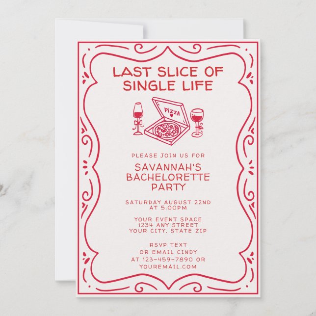 Last Slice of Single Life Bachelorette Party Invitation (Front)