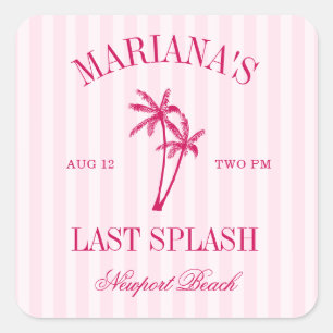 Last Splash Beach Palms Hot Pink Bachelorette Square Sticker