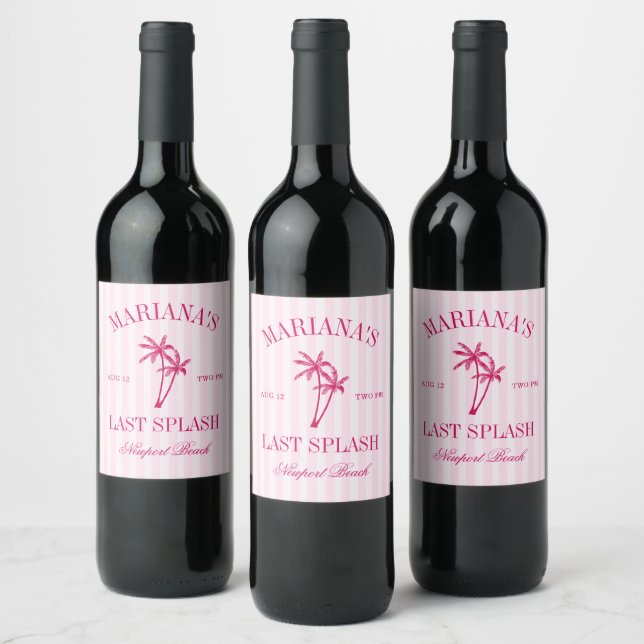 Last Splash Beach Palms Hot Pink Bachelorette Wine Label (Bottles)