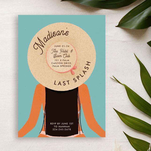 Last Splash Brunette Bachelorette Pool Party Invitation (black hair and tan skin girl wearing a beach hat - bachelorette pool party invitation)