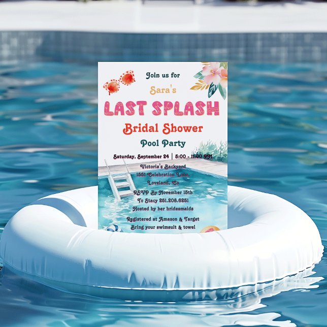 Last Splash Pool-Themed Bachelorette Bridal Shower Invitation (Last Splash Pool pool-themed watercolor tropical flower Bachelorette Bridal Shower Invitation)