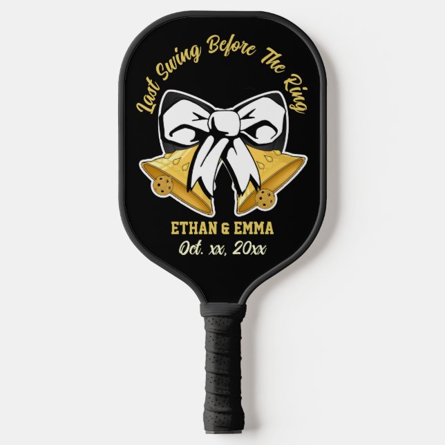 Last Swing Before the Ring Black and Gold Wedding Pickleball Paddle (Front)