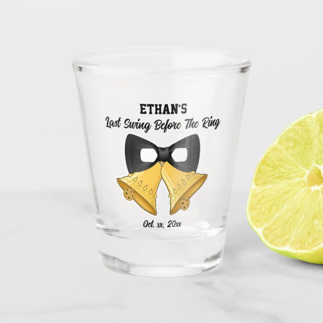 Last Swing Before the Ring Black and Gold Wedding Shot Glass (Front)