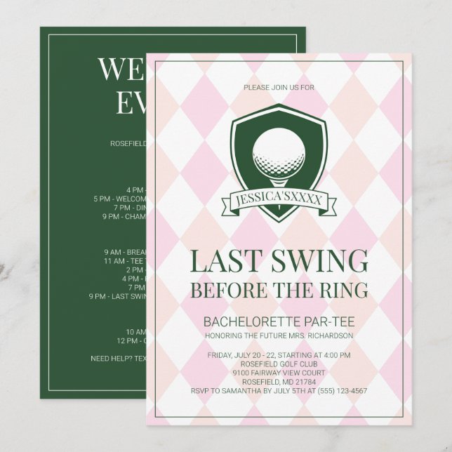 Last Swing Before the Ring Golf Bachelorette Party Invitation (Front/Back)
