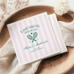 Last Swing Before The Ring Retro Tennis Bach Napkin<br><div class="desc">Get ready to celebrate the bride-to-be with an unforgettable weekend! Introducing our "Last Swing Before The Ring" bachelorette weekend design, created to make every moment of your celebration as special as the bride herself. This preppy collection features a retro inspired green illustration of tennis rackets on a soft pink striped...</div>