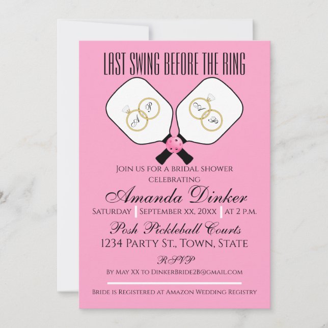 Last Swing Before the Ring Wedding Pickleball Pink Invitation (Front)