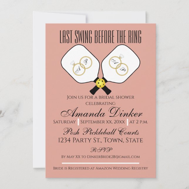 Last Swing Before the Ring Wedding Pickleball Pink Invitation (Front)