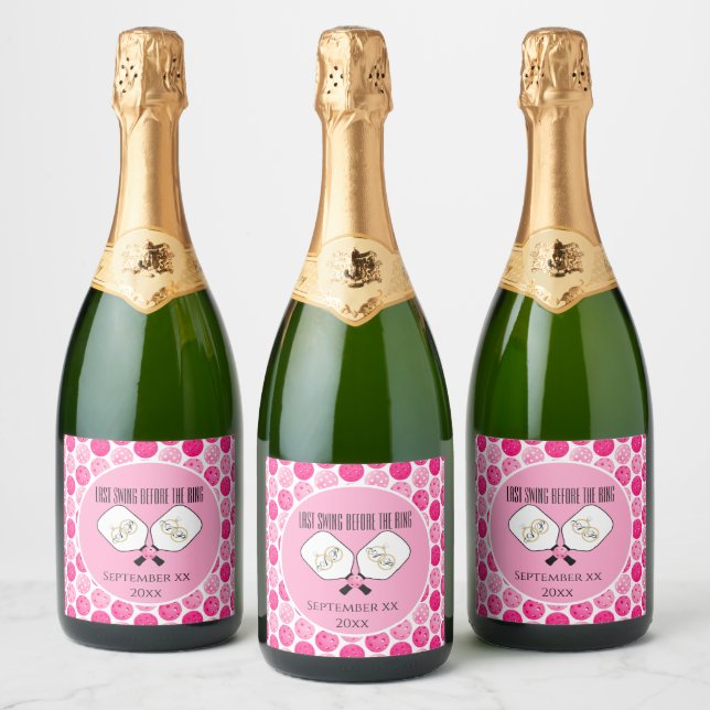 Last Swing Before the Ring Wedding Pickleball Pink Sparkling Wine Label (Bottles)