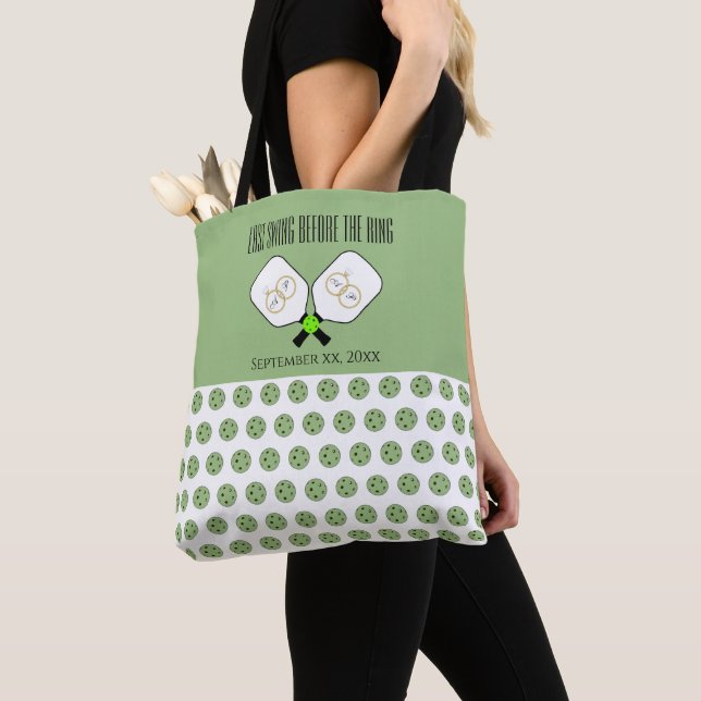 Last Swing Before the Ring Wedding Pickleball Sage Tote Bag (Close Up)