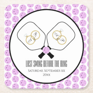Last Swing Before the Ring Wedding Pickleball Square Paper Coaster