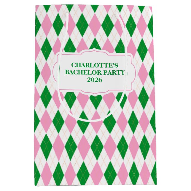 Last Swing Golf Bachelorette Pink Green Argyle Medium Gift Bag (Front)