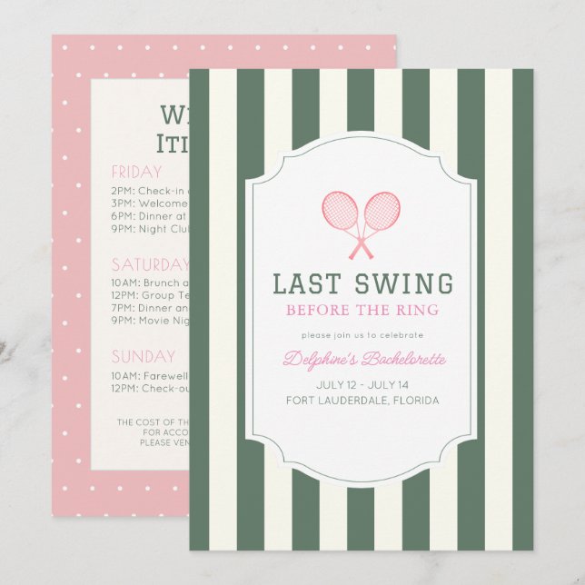 Last Swing Tennis Green Stripe Bachelorette Invitation (Front/Back)