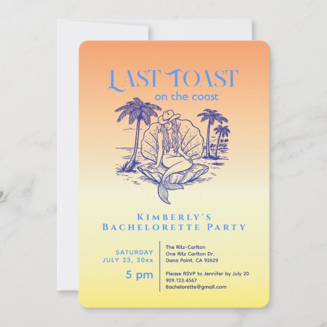 Last Toast Blue Cowgirl Mermaid Bachelorette Party Invitation (Front)