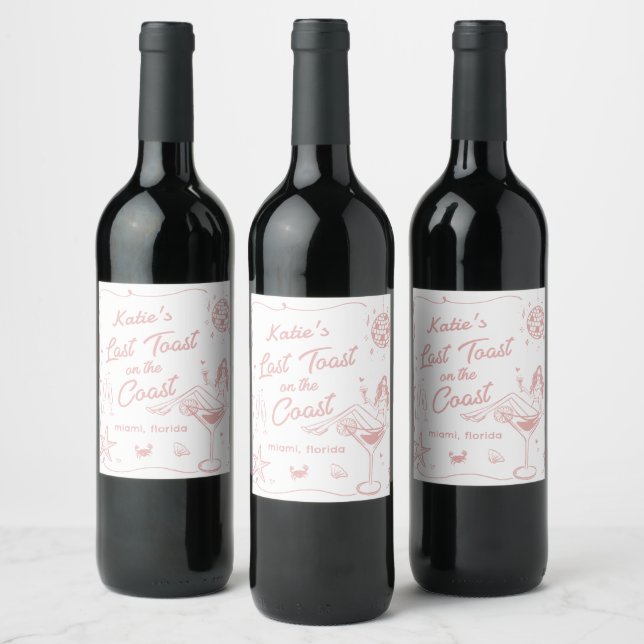 Last Toast Coast Beach Pink Bachelorette Party Wine Label (Bottles)