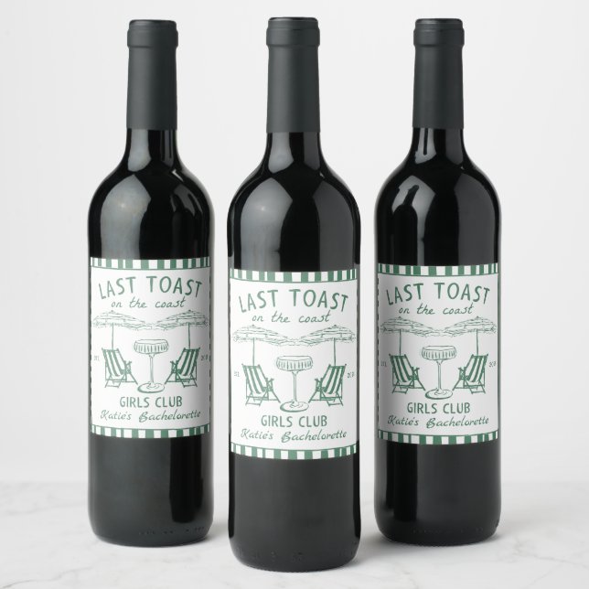  Last Toast Coast Handdrawn Green Bachelorette Wine Label (Bottles)