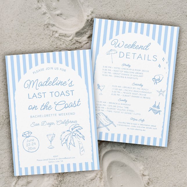 Last Toast on the Coast Arch Bachelorette Party Invitation (last toast on the coast bachelorette party itinerary hand drawn written doodle stripes arch)