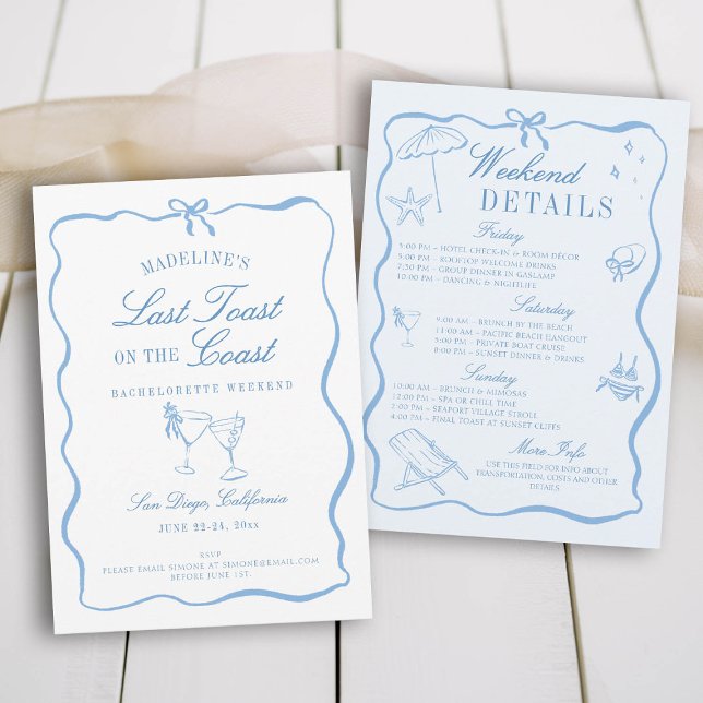 Last Toast on the Coast Bachelorette Itinerary Invitation (last toast on the coast bachelorette party itinerary hand drawn script calligraphy bow frame)