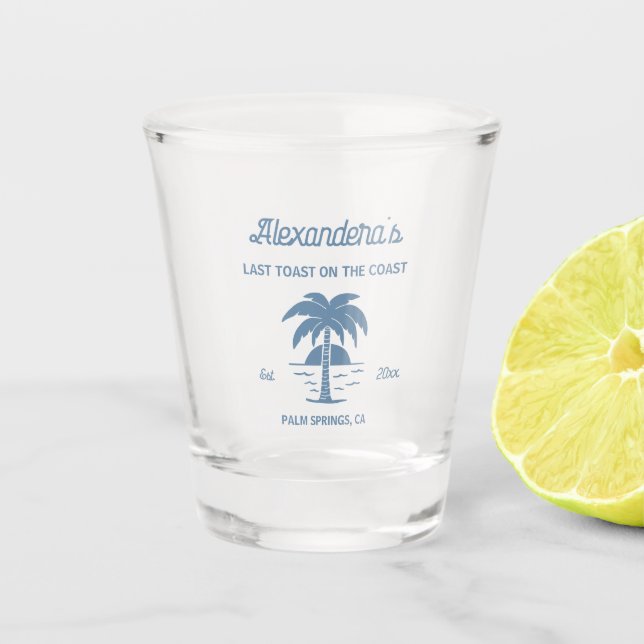 Last toast on the coast bachelorette shot glass (Front)