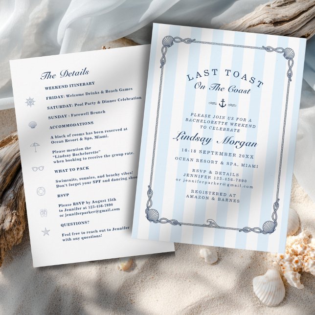 Last Toast on the Coast! Bachelorette Stripe  Invitation (Last Toast on the Coast! Bachelorette Blue Stripes Invitation)