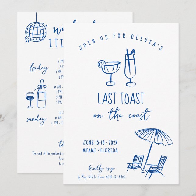 Last toast on the coast bachelorette weekend invitation (Front/Back)
