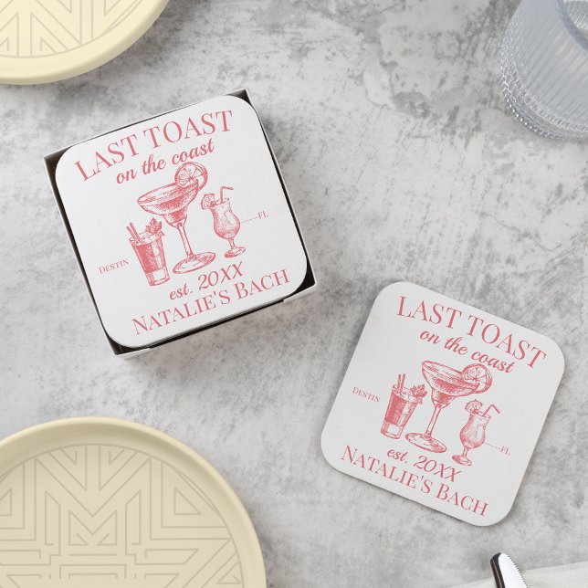 Last Toast On The Coast Beach Bachelorette Party Square Paper Coaster (Creator Uploaded)