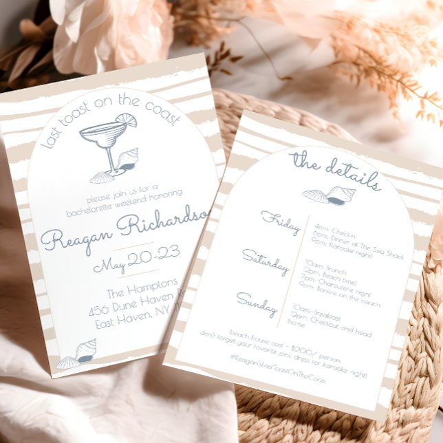 Last Toast on the Coast Beach Bachelorette Weekend Invitation (Last toast on the coast cute bachelorette party weekend girls trip invitation tan nautical beach sea)
