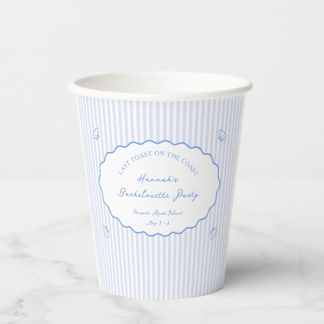 Last Toast on the Coast Blue Bachelorette Party Paper Cups (Front)